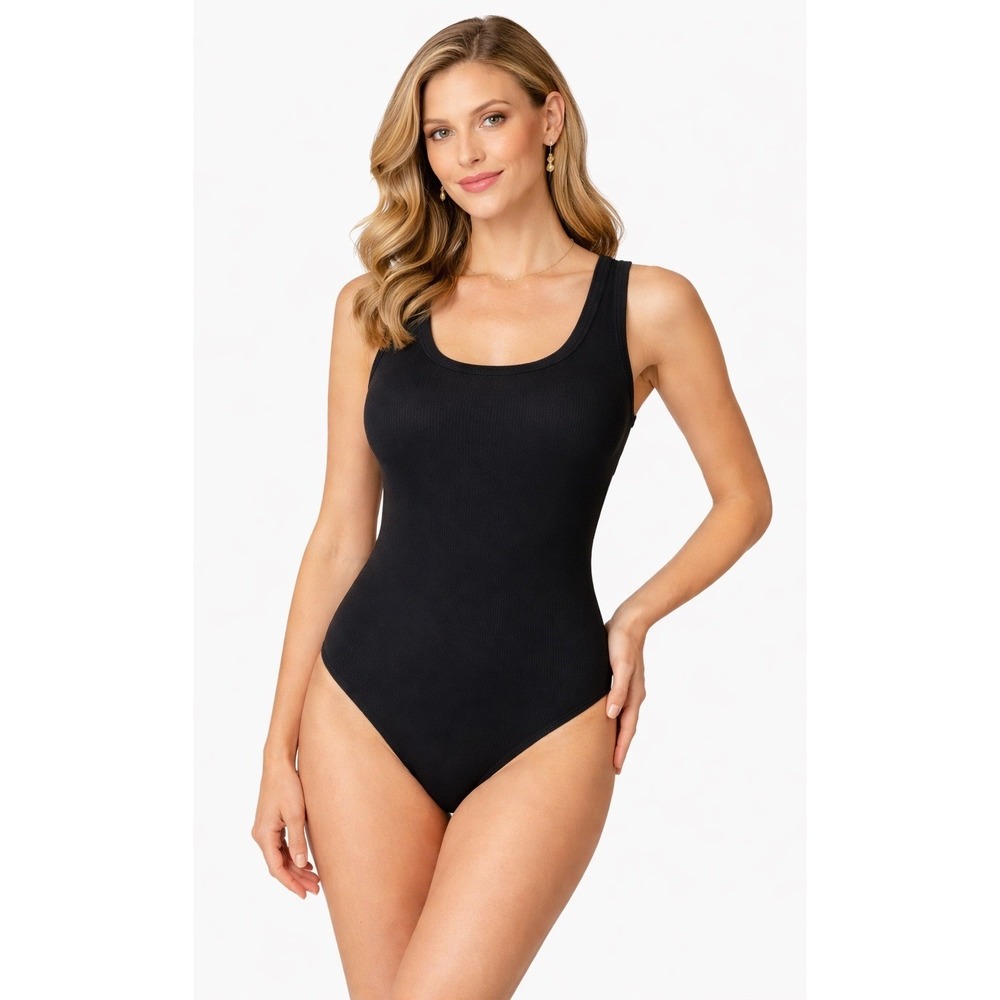 Kondi Bodysuit Women Medium Black Ribbed Knit Cotton Scoop Neck Tank Luxury